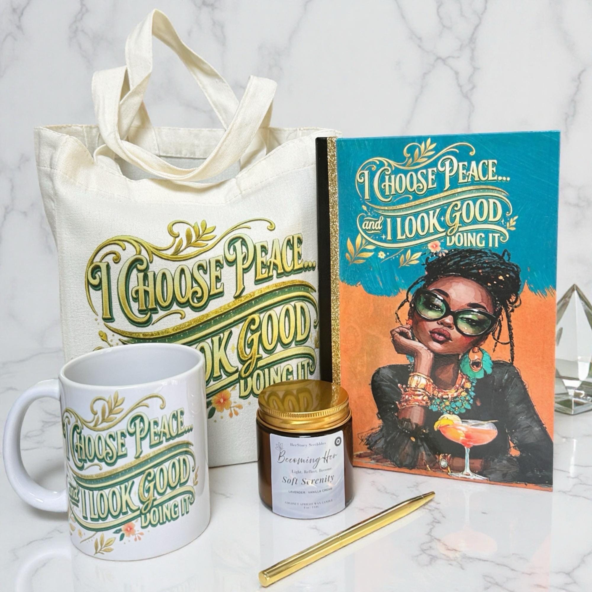 Soft Life Guided Journal Gift Set for Women. Self Care Journal with Prompts, Mug & Candle Set. Relaxation Gift for Black Women.