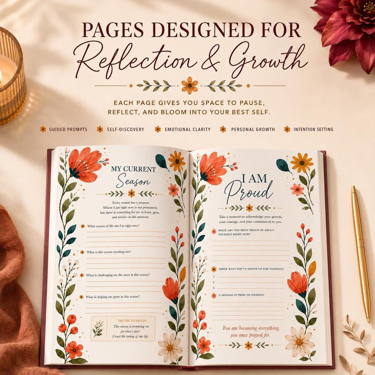 Still Becoming Guided Journal for Women | Self Reflection & Personal Growth Journal | Handmade Hardcover Journal