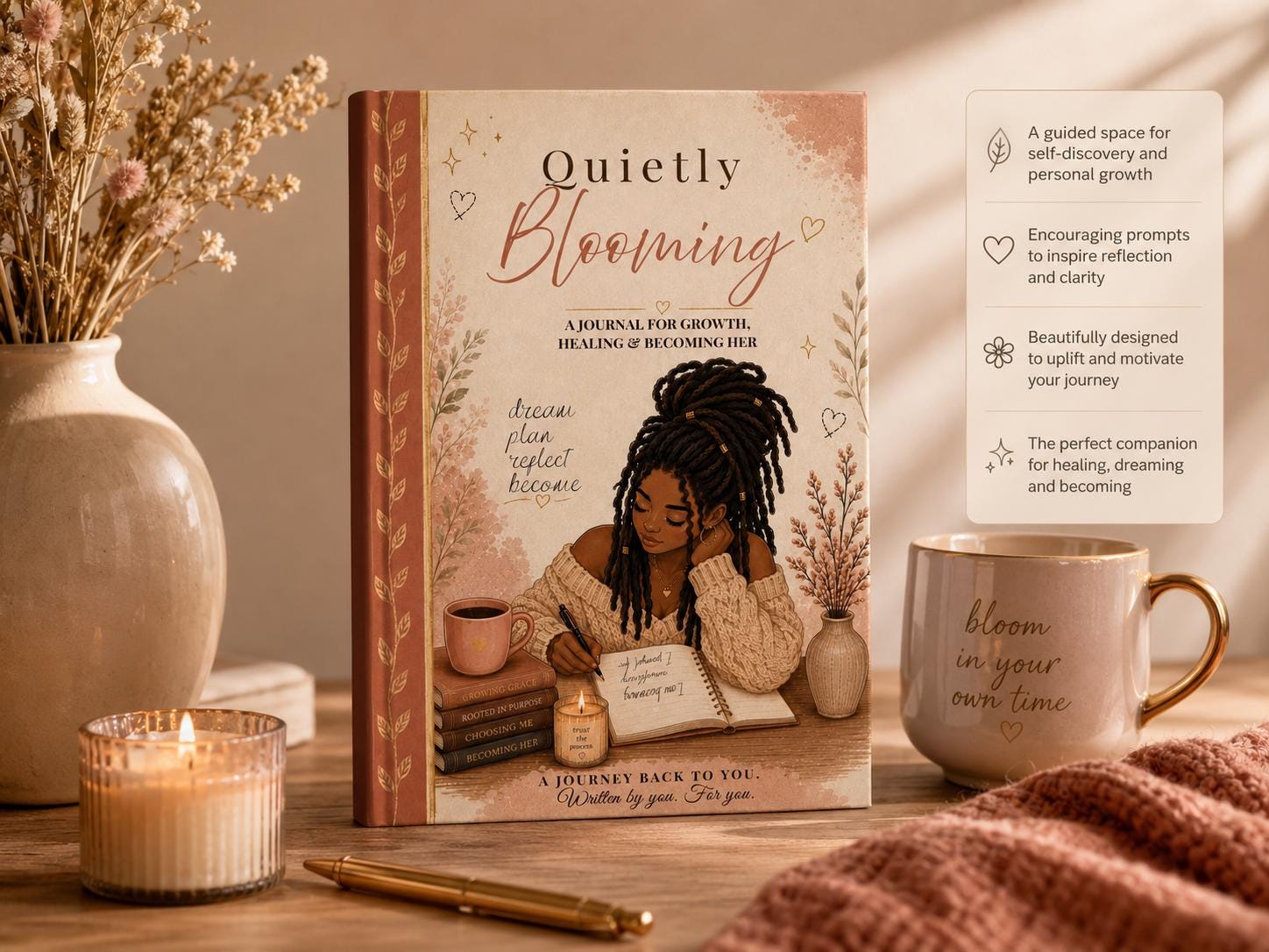 Guided Prompt Journal for Healing & Self Discovery, Quietly Blooming Reflection Workbook for Women,  Soft Life Journal