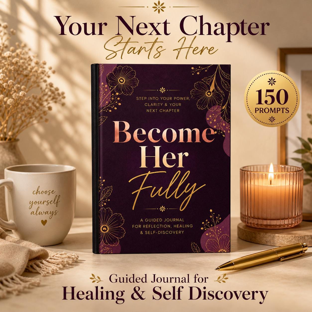 Healing Journal Gift Set for Women, Guided Self Discovery Journal and Mug Set with Gold Pen, Reflection Gift