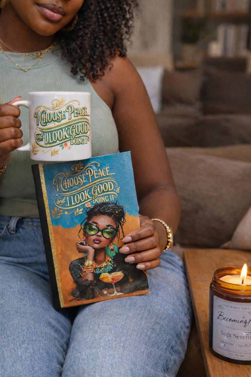Soft Life Guided Journal Gift Set for Women. Self Care Journal with Prompts, Mug & Candle Set. Relaxation Gift for Black Women.