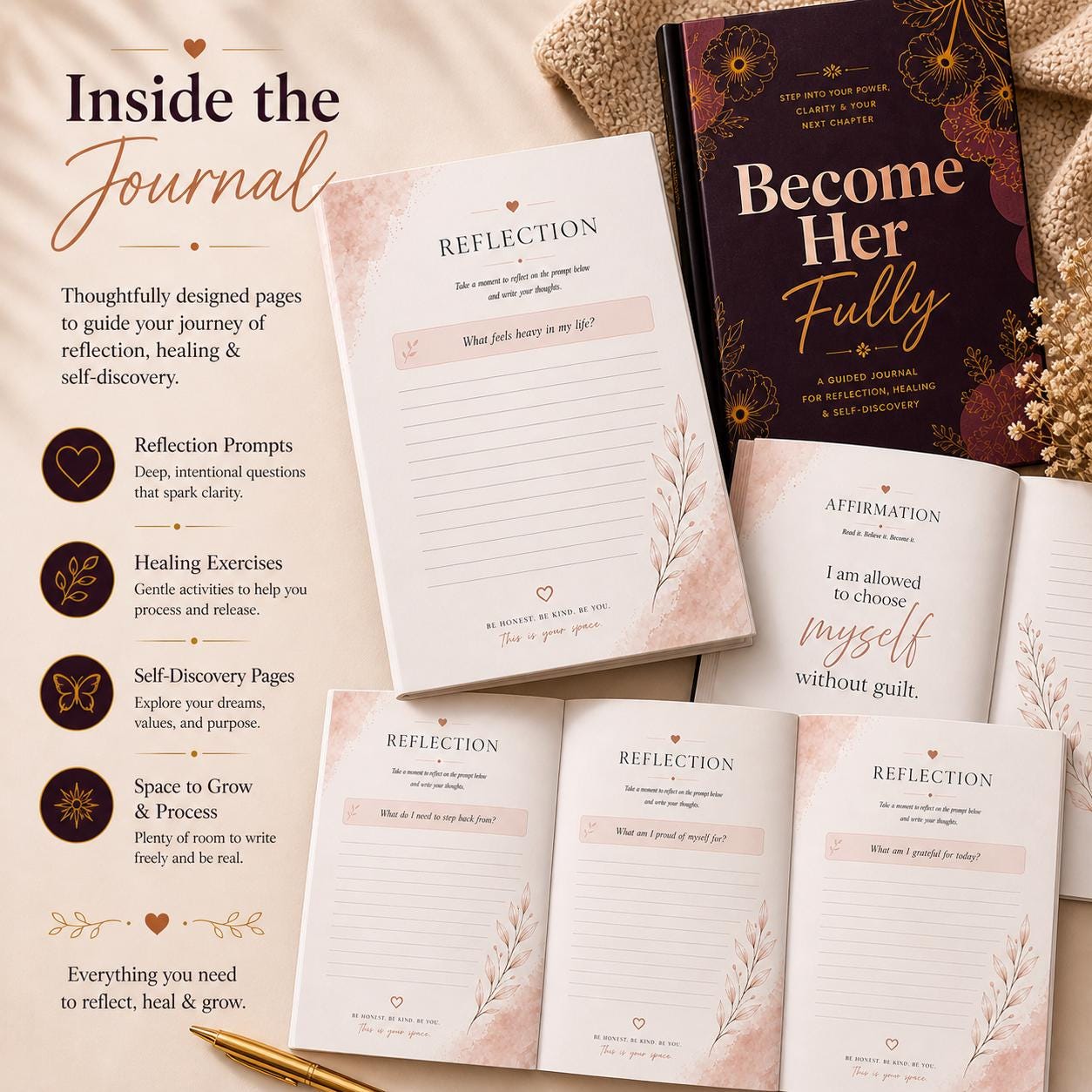 Healing Journal Gift Set for Women, Guided Self Discovery Journal and Mug Set with Gold Pen, Reflection Gift