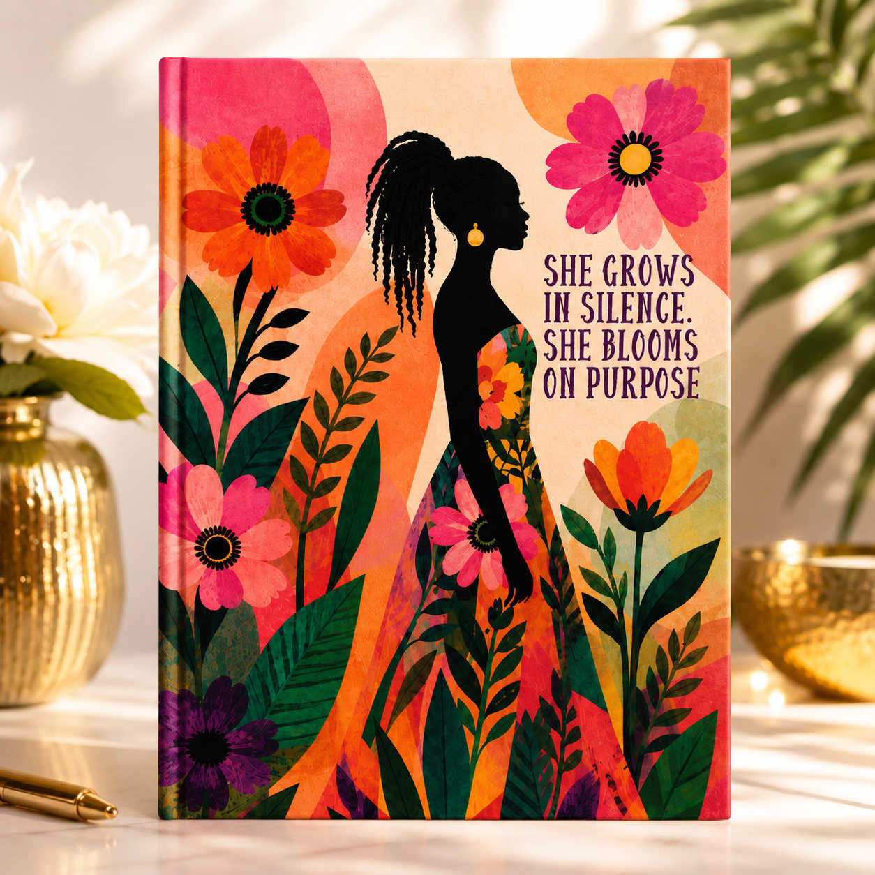 A hardcover journal featuring a colorful floral illustration and a black silhouette of a woman, with the text 'SHE GROWS IN SILENCE. SHE BLOOMS ON PURPOSE.