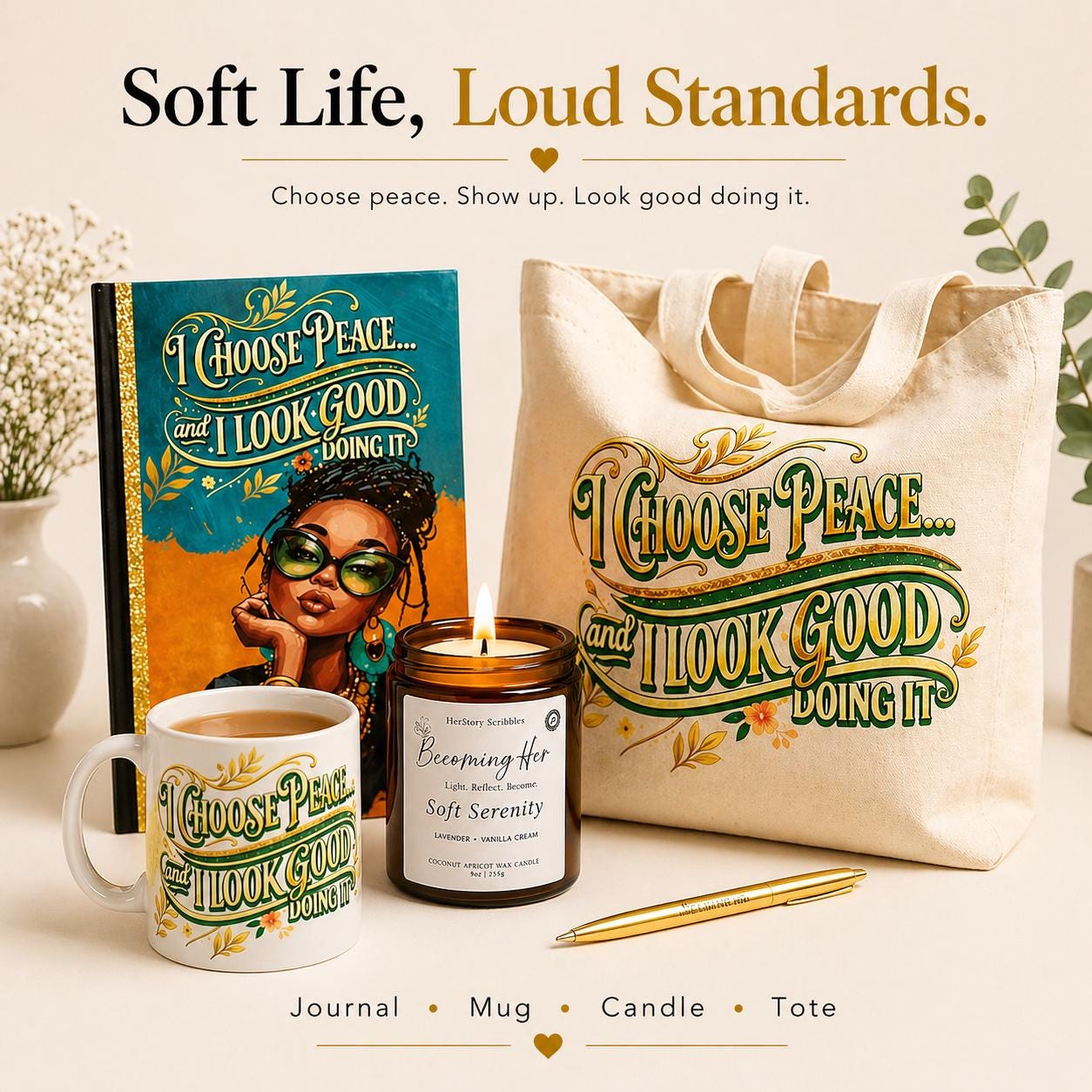 Soft Life Guided Journal Gift Set for Women. Self Care Journal with Prompts, Mug & Candle Set. Relaxation Gift for Black Women.
