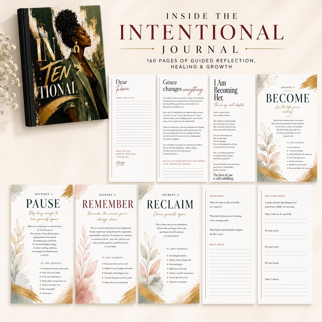 Guided Prompt Journal for Women. Intentional Living, Self Discovery & Personal Growth. Handmade Hardcover Notebook