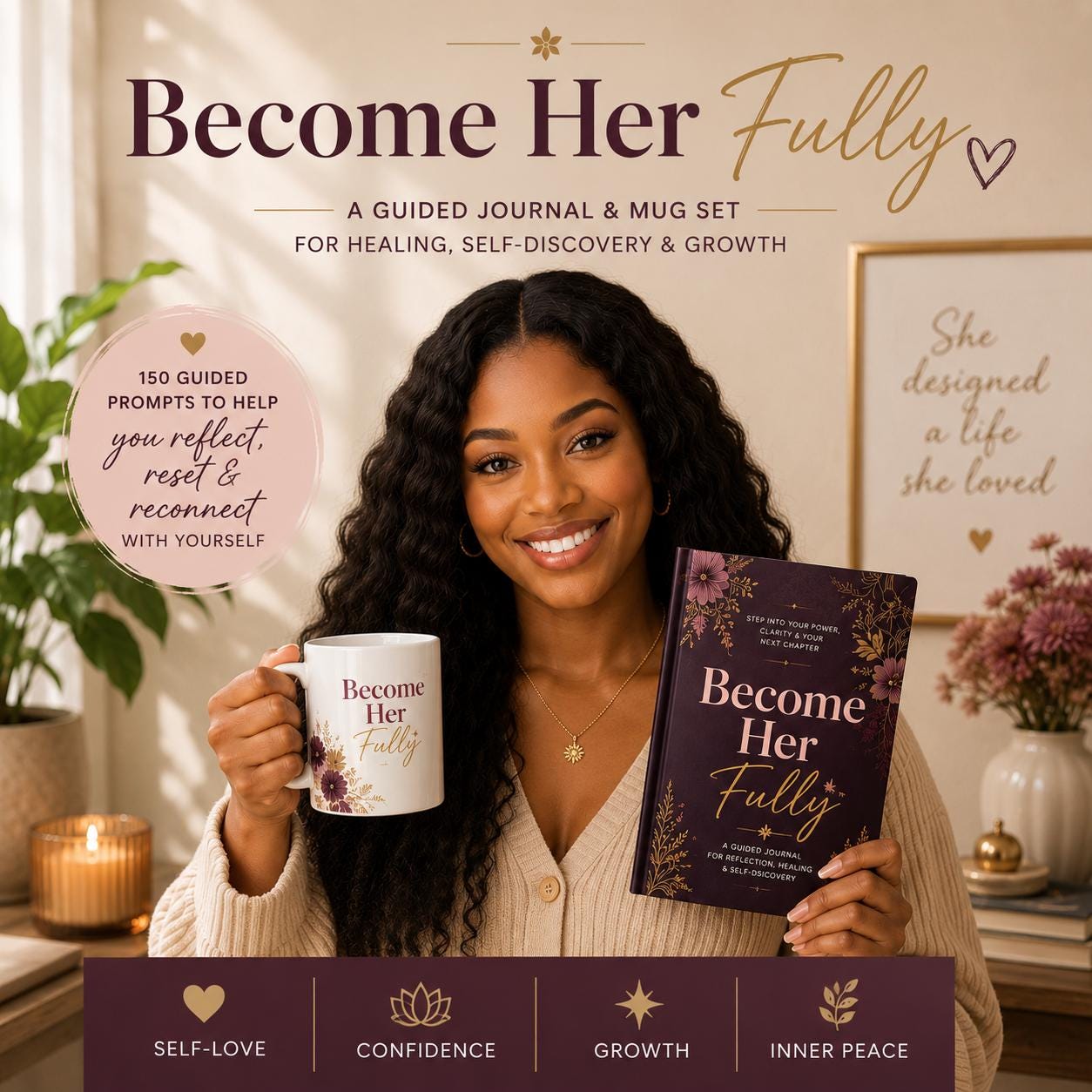 Healing Journal Gift Set for Women, Guided Self Discovery Journal and Mug Set with Gold Pen, Reflection Gift