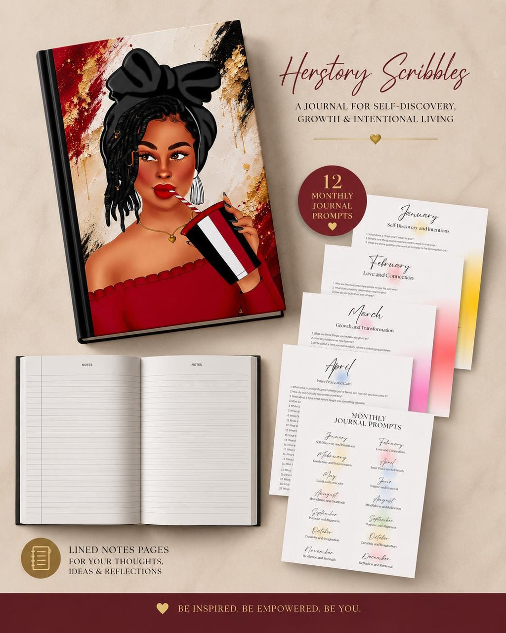 Handmade Lined Journal for Black Women.Monthly Reflection Notebook. 150-Page Hardcover. Self-Care & Writing Gift