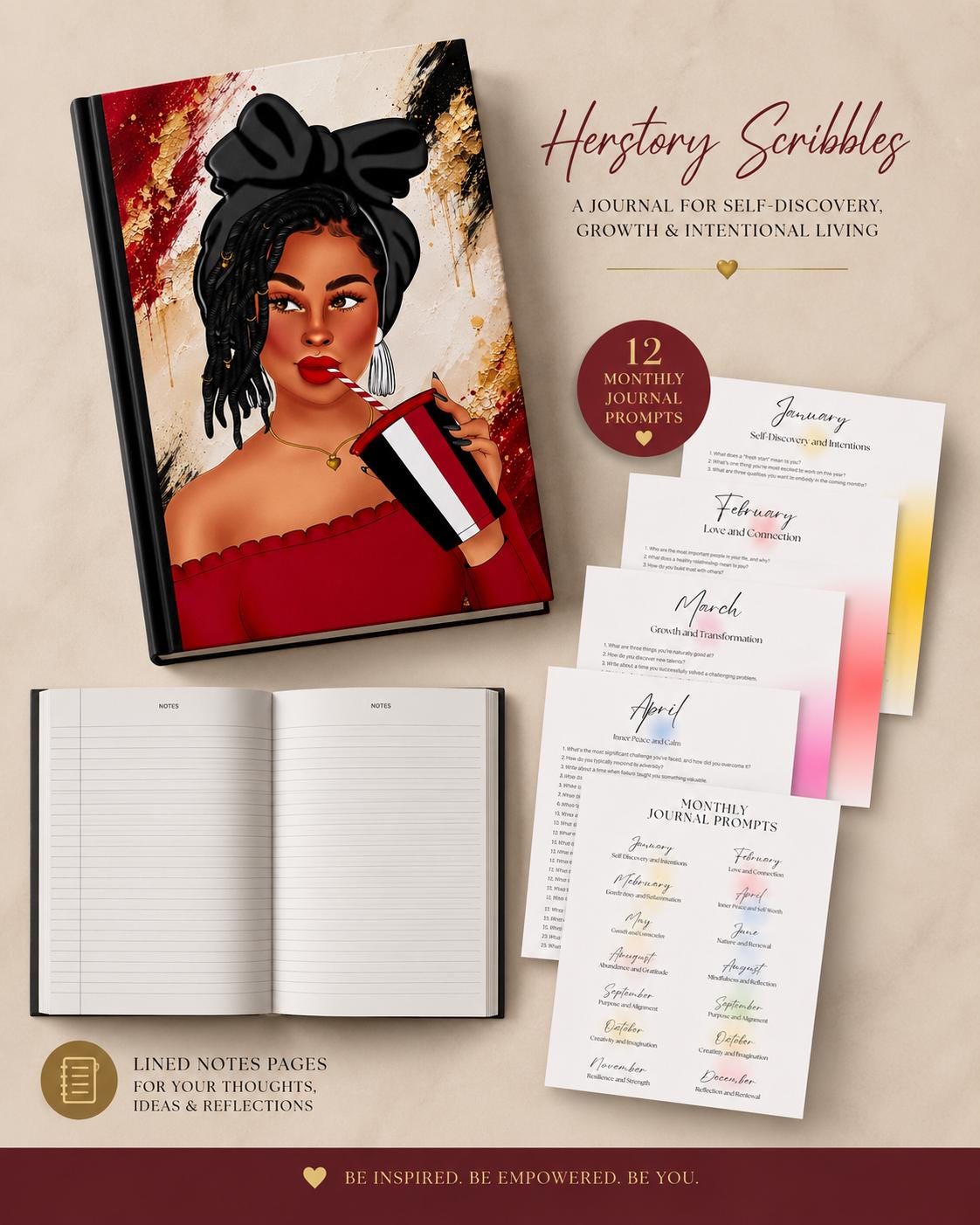 Handmade Lined Journal for Black Women.Monthly Reflection Notebook. 150-Page Hardcover. Self-Care & Writing Gift