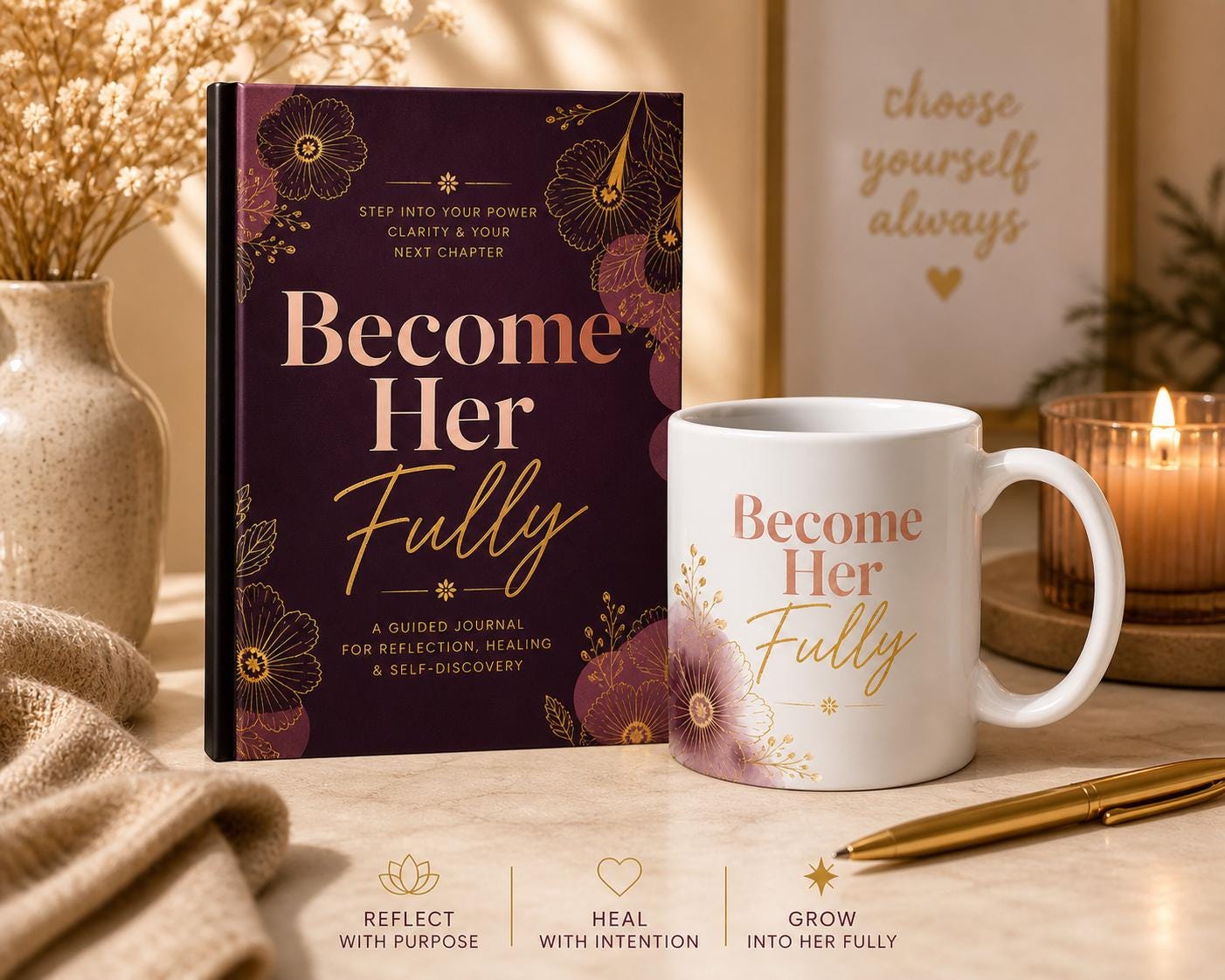 Healing Journal Gift Set for Women, Guided Self Discovery Journal and Mug Set with Gold Pen, Reflection Gift