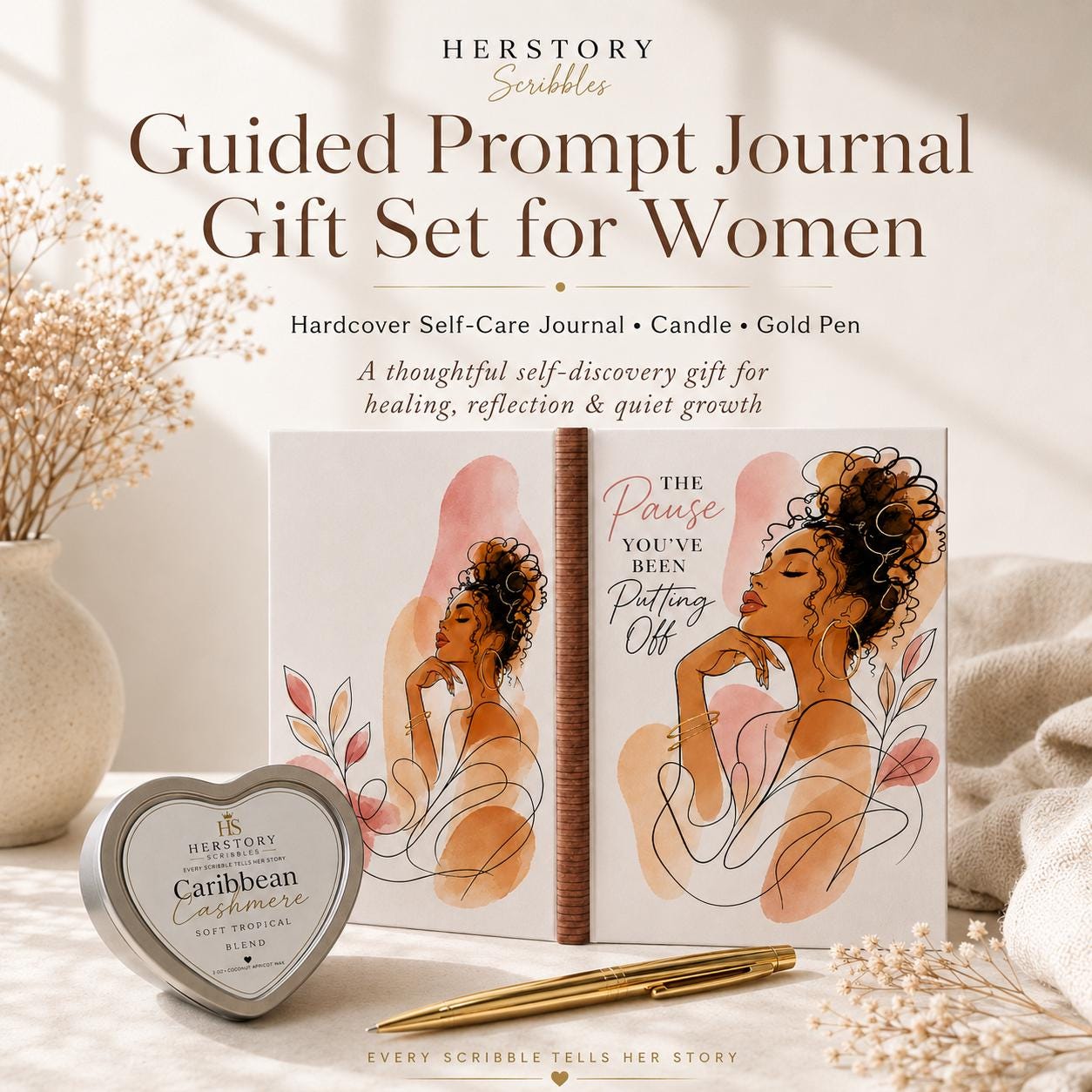 Guided Prompt Journal for Women, Self-Care Gift Set with Candle and Pen, Healing and Self-Discovery Journal, Gift for Her