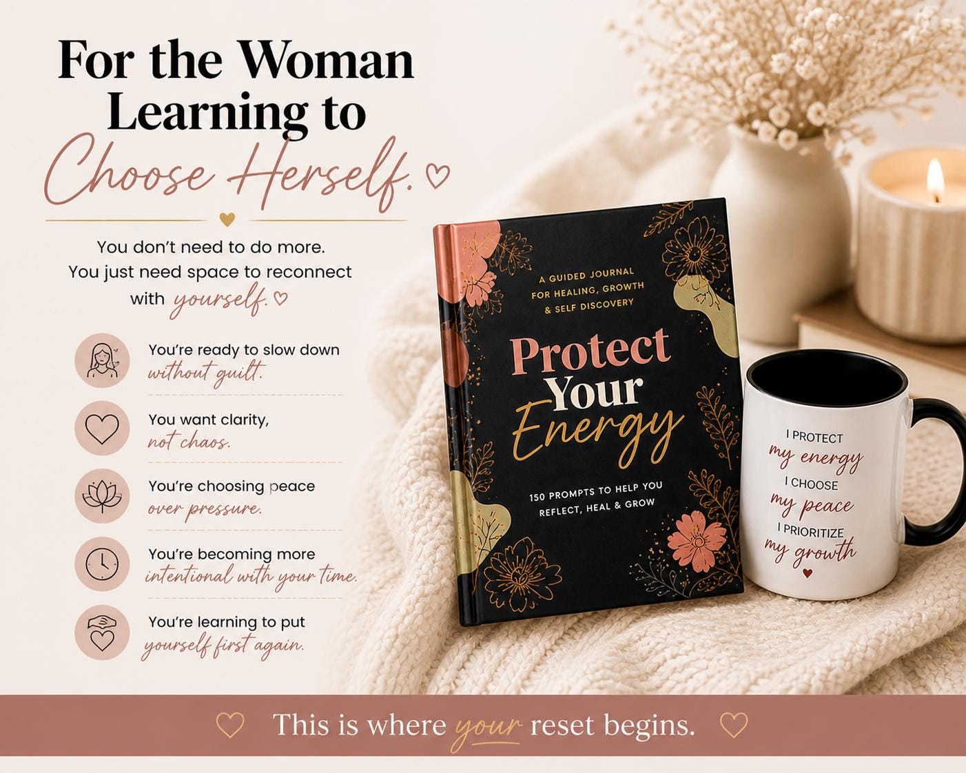 Self Discovery Journal and Mug Set, Guided Prompts for Healing and Growth, Mental Reset Gift for Women