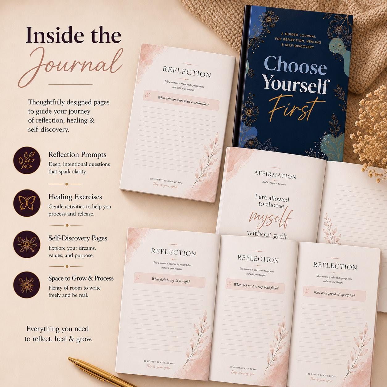 Guided Prompt Journal for Women | Healing, Reflection and Self-Discovery | Personal Growth Journal